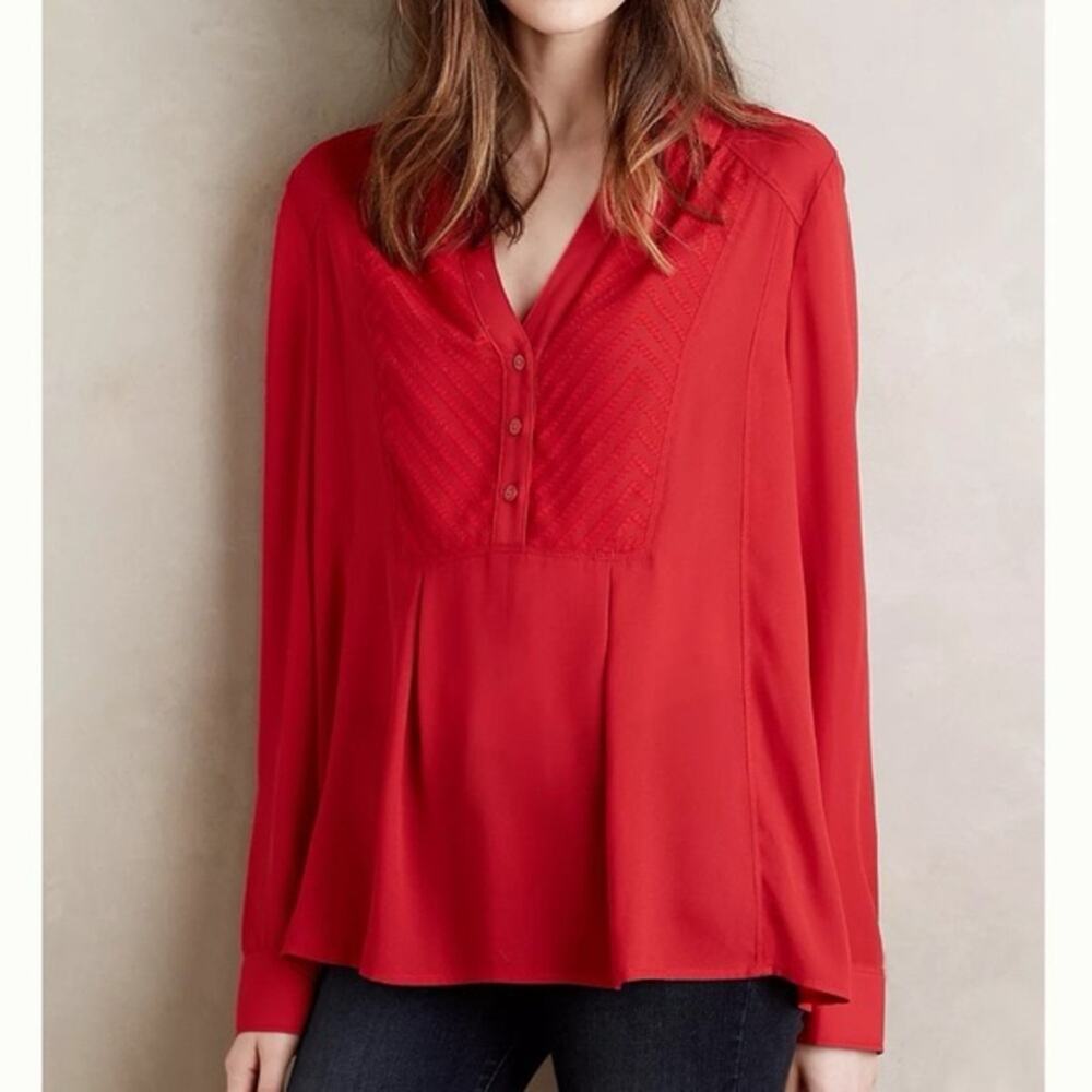 Anthropologie Maeve De Stijl Red V Neck Collared‎ Button Front Blouse 8